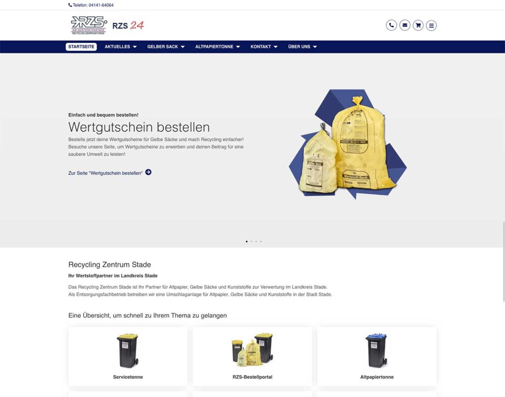 Screenshot der Website des Recycling Zentrums Stade mit Informationen zur Bestellung von Wertgutscheinen, Bildern von gelben Wertstoffsäcken und Navigationsmenüs für Dienstleistungen, Gutscheinbestellungen und Recyclinginformationen.