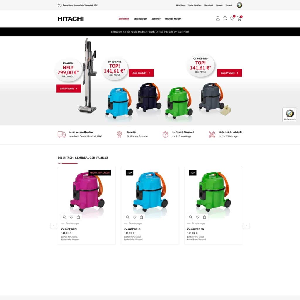 Screenshot einer Hitachi-Webseite, auf der verschiedene Staubsauger in unterschiedlichen Farben mit Preisen, Produktnamen und den Bezeichnungen "Top" oder "Neu" angezeigt werden. Das Navigationsmenü und die Einkaufswagen-Symbole erscheinen am oberen Rand.